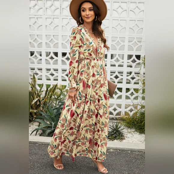 Retro Mix Floral Long Sleeve Ruffle Tiered Flowing V-neck Long Maxi Dress - Picture 5 of 10